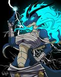  2015 anthro bare_shoulders blue_hair blue_scales breasts clothed clothing cyan_hair dragon erect_nipples female glowing glowing_eyes grin hair hand_on_hip horn lightning looking_at_viewer magic midriff nastacula navel nipples scales scalie solo 