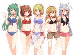  alice_margatroid animal_ears aoi_(annbi) arms_behind_back bikini bikini_skirt blonde_hair blue_bikini blue_eyes blue_hair blush breasts brown_eyes brown_hair bunny_ears cleavage colorized frog_hair_ornament front-tie_top green_eyes green_hair hair_ornament hair_ribbon hairband hakurei_reimu kirisame_marisa kochiya_sanae long_hair looking_at_another looking_at_viewer medium_breasts midriff multiple_girls navel odd_one_out red_bikini red_eyes reisen_udongein_inaba ribbon sarong see-through short_hair shorts simple_background sketch snake_hair_ornament swimsuit touhou white_background 