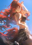  1girl animal_ears arknights arm_up artist_name bandeau bare_arms bare_legs black_bandeau black_panties black_skirt blue_sky breasts clear_sky commentary cowboy_shot ear_ornament from_side grin helen_zzhao high_ponytail highres horse_ears horse_girl horse_tail long_hair looking_at_viewer medium_breasts narantuya_(arknights) panties ponytail red_eyes red_hair see-through_clothes see-through_skirt shade skirt sky smile solo tail underwear untranslatable_commentary very_long_hair 