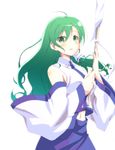  bare_shoulders detached_sleeves gohei green_eyes green_hair highres kochiya_sanae long_hair mukai navel solo touhou white_background 