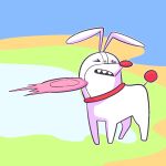  >_< animal animal_focus animalization blue_background closed_eyes collar commentary dog energy_beam firing frisbee_doge_(meme) full_body meme nehununume no_humans open_mouth outline rhythm_tengoku rhythm_tengoku_miracle_stars sharp_teeth solo standing teeth white_outline 