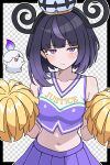  >_< 1girl absurdres alternate_costume bare_shoulders black_border blunt_bangs blush bob_cut border breasts candle cheerleader closed_eyes closed_mouth collarbone commentary_request crop_top fire gwynn_(pokemon) hat highres holding holding_pom_poms litwick looking_at_viewer medium_breasts mega_stone midriff navel odorukaminoke open_mouth pokemon pokemon_(creature) pokemon_legends:_z-a pom_pom_(cheerleading) purple_eyes purple_hair purple_skirt shirt short_hair skirt sleeveless sleeveless_shirt smile 