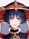  1boy abyss_of_alyss artist_name bishounen black_bodysuit black_hair black_hat blunt_ends bodysuit closed_mouth commentary eyelashes eyeliner genshin_impact gold gold_trim grey_veil hat highres jewelry jingasa makeup male_focus mandarin_collar mitsudomoe_(shape) neck_ring pink_lips portrait purple_eyes purple_pupils red_eyeliner red_hat scaramouche_(genshin_impact) smile solo tomoe_(symbol) tsurime veil white_background wispy_bangs 