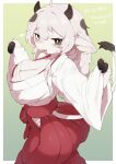 2025 2_horns anthro artist_name asian_clothing big_breasts big_butt biped black_horn border bovid bovine breasts butt cattle chest_wraps cleavage clothed clothed_anthro clothed_female clothing curvy_figure digital_drawing_(artwork) digital_media_(artwork) east_asian_clothing english_text female female_anthro fingers fully_clothed fully_clothed_anthro fully_clothed_female fur fur_tuft green_background grey_eyes hair hi_res hooved_fingers hooves horn huge_breasts japanese_clothing japanese_text kimono long_hair looking_at_viewer mammal multicolored_body multicolored_fur multicolored_hair shaded side_view simple_background soft_shading solo spots spotted_hair straight_hair tail tail_tuft tenyati text tuft two_tone_body two_tone_fur two_tone_hair white_body white_border white_fur wraps