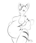  2012 anthro areola belly big_belly big_breasts breasts english_text female fur hand_on_belly horn looking_at_viewer monochrome navel nightfaux nipples nude open_mouth pregnant raised_tail simple_background smile solo stripes text tuft unknown_species white_background wide_hips 