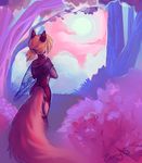  2015 anthro blonde_hair canine cloud day detailed_background female fluffy_tail forest fur hair mammal outside red_fur restricted_palette shawl short_hair sky solo sun tree whiskers white_fur wolf zenirix 