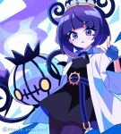  1girl black_dress blue_gloves chandelure coat commentary_request dress eyelashes gloves gwynn_(pokemon) hand_up hat highres index_finger_raised long_hair nikoru open_clothes open_coat pantyhose partially_fingerless_gloves pokemon pokemon_(creature) pokemon_legends:_z-a twitter_username watermark white_coat 