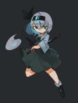  1girl ascot black_ascot black_bow black_hairband black_shoes blue_eyes bow bow_hairband chinese_commentary chutougao closed_mouth collared_shirt commentary_request dress fighting_stance frown full_body green_background green_dress grey_hair grey_shirt grey_socks hairband holding holding_sword holding_weapon jumping katana konpaku_youmu konpaku_youmu_(ghost) looking_at_viewer ready_to_draw shirt shoes short_hair simple_background socks solo sword touhou weapon 