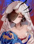  1girl black_hair blanket blue_dress breasts cleavage commentary_request dress hair_over_one_eye highres holding holding_blanket jewel_under_eye looking_at_viewer lucci_(lucci1544447) off-shoulder_dress off_shoulder official_alternate_costume one_eye_covered pink_eyes red_background reverse:1999 short_hair solo swaddled tuesday_(reverse:1999) upper_body veil white_veil 