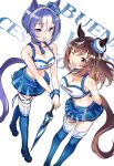  2girls animal_ears bare_shoulders blue_boots blue_choker blue_hair blue_skirt blush boots braid breasts brown_hair buena_vista_(umamusume) cesario_(umamusume) character_name choker cleavage collarbone commentary_request crown_braid dixie_cup_hat ears_through_headwear hair_between_eyes hat highres holding holding_umbrella horse_ears horse_girl horse_tail large_breasts long_hair looking_at_viewer medium_breasts medium_hair midriff military_hat multicolored_hair multiple_girls navel one_eye_closed open_mouth pacific_racing_team purple_eyes race_queen sbql_(niaunclefan) short_hair skirt smile sports_bra tail thigh_boots umamusume umbrella white_hair white_sports_bra 