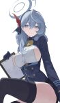  1girl absurdres ako_(blue_archive) black_hairband black_thighhighs blue_archive blue_eyes blue_gloves blue_hair blue_halo blue_shirt breasts chinese_commentary clipboard commentary curly_hair feather_hairband feet_out_of_frame from_side gloves hair_behind_ear hair_between_eyes hairband halo highres holding holding_clipboard large_breasts long_hair long_sleeves looking_at_viewer looking_to_the_side shirt sideboob_cutout simple_background sitting smile solo thighhighs white_background xuegao_ice zettai_ryouiki 