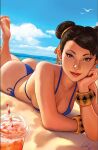  1girl ass asymmetrical_bangs backlighting barefoot beach bikini bird blue_bikini blue_sky bracelet breasts brown_eyes brown_hair chun-li closed_mouth cloud collarbone commentary cup double_bun drink drinking_straw earrings east_asian english_commentary eyelashes eyeliner feet_out_of_frame feet_up freckles hair_bun hair_ribbon head_back head_rest highres ivan_talavera jewelry large_breasts light_smile lipstick looking_at_viewer lying makeup multiple_bracelets nose ocean on_ground on_stomach out_of_frame outdoors pearl_earrings red_eyeliner red_lips ribbon sand side-tie_bikini_bottom signature sky soles street_fighter swimsuit thong thong_bikini water western_comics_(style) yellow_ribbon 