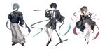  1girl 2boys 666 absurdres ahoge alternate_costume animal_ear_fluff animal_ears arm_at_side arm_behind_back baggy_pants black_choker black_dress black_eyes black_jacket black_necktie black_shirt black_shoes black_shorts black_sleeves blue_eyes blue_jacket blue_sleeves blunt_bangs blunt_ends breasts brown_hair casual cat_boy cat_ears choker closed_mouth coattails collared_shirt commentary_request contemporary contrapposto cowlick crew_neck cross cross_necklace cross_pendant crossed_bangs detached_collar detached_sleeves dress dress_shirt formal_clothes full_body garter_straps genshin_impact gold_trim green_hair grey_eyes grey_pants hair_between_eyes hair_bun hair_ribbon hand_in_pocket hand_up harness highres holding holding_knife jacket jewelry kneehighs knife korean_commentary lohen_(genshin_impact) long_sidelocks looking_at_viewer medium_breasts microphone microphone_stand multiple_boys necklace necktie off_shoulder open_mouth panties pants panty_peek parted_lips puffy_sleeves red_ribbon ribbon sandrone_(genshin_impact) scaramouche_(genshin_impact) shirt shoes short_hair_with_long_locks shorts sidelocks single_hair_bun single_off_shoulder sleeves_past_wrists smile socks strapless strapless_dress suit_jacket swept_bangs tailcoat talking_ok thighhighs track_jacket tsurime underwear unfinished white_background white_mouth white_panties white_shirt white_socks white_thighhighs 