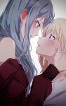  2girls aotsubaki_toto bang_dream! bang_dream!_it's_mygo!!!!! blonde_hair commentary_request eye_contact hand_in_another's_hair highres logo long_hair long_sleeves looking_at_another medium_hair misumi_uika multiple_girls parted_lips purple_eyes red_shirt shirt simple_background togawa_sakiko white_background white_shirt yellow_eyes yuri 