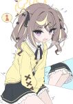  1girl arms_between_legs black_bow black_ribbon black_skirt blonde_streaks blue_archive blush bow brown_hair cardigan commentary_request frilled_skirt frills hair_bow hair_intakes halo have_to_pee heavy_breathing highres invisible_chair long_sleeves looking_at_viewer medium_hair miniskirt mizusaki_(kn27) multicolored_hair neck_ribbon open_mouth panties pee_stain purple_eyes rena_(blue_archive) ribbon shirt sidelocks sitting skirt solo spoken_symbol stained_panties streaked_hair sweat tearing_up twintails underwear upskirt v_arms wet wet_clothes wet_panties white_panties white_shirt yellow_cardigan 