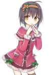  1girl amakaze_sora black_hair bow brown_eyes brown_thighhighs capelet closed_mouth dress fur-trimmed_capelet fur-trimmed_dress fur_trim green_bow hair_between_eyes hairband idolmaster idolmaster_cinderella_girls kohinata_miho pink_capelet pink_dress red_hairband ribbed_thighhighs simple_background smile solo thighhighs white_background x_fingers 