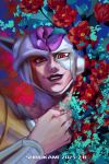  1boy 1st_form_frieza alien armor artist_name chinese_commentary closed_mouth colored_skin commentary_request crack dated dragon_ball dragon_ball_z final_form_frieza flower frieza highres horns lips looking_at_viewer male_focus pink_skin purple_lips red_eyes red_flower revealing_layer shadiaoxiaobai smile solo upper_body 