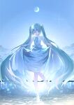  1girl 968_yotuba absurdres aqua_hair barefoot closed_mouth clothes_lift commentary_request crescent_moon day dress dress_lift hair_between_eyes hatsune_miku highres knees_together_feet_apart lifting_own_clothes long_hair moon open_mouth outdoors sleeveless sleeveless_dress smile solo toenails twintails very_long_hair vocaloid white_dress 