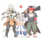  1girl 2boys animal_ear_fluff animal_ear_piercing animal_ears banyue_(zenless_zone_zero) black_gloves black_hair black_jacket blonde_hair blue_jacket closed_eyes closed_mouth clothed_robot clothes_around_waist commentary_request dog_boy dog_ears dog_tail fingerless_gloves gloves green_pants grey_hair grey_hat hair_between_eyes hat highres holding holding_sword holding_weapon humanoid_robot jacket jewelry komano_manato long_hair multicolored_hair multiple_boys multiple_scars necklace norma_hollowell open_mouth pants rebecca_(keinelove) red_bandage red_eyes red_hair robot robot_boy scar scar_on_chest scar_on_face shako_cap shirt shoes short_hair simple_background spiked_jacket sword tail weapon white_background white_shirt white_shoes zenless_zone_zero 