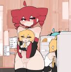  3girls absurdres ahoge akita_neru black_choker black_thighhighs blonde_hair blue_hair blush bread character-themed_onahole character_doll choker detached_ahoge detached_sleeves doll drill_hair english_text erection exhibitionism food futanari futanari_masturbation hatsune_miku highres holding holding_doll indoors kasane_teto looking_to_the_side maretenho masturbation multiple_girls necktie nude penis public_indecency red_eyes red_hair refrigerator skirt stuffed_toy sweat thick_thighs thighhighs thighs triple_baka_(group) unconventional_onahole utau vocaloid wavy_mouth wide_hips 