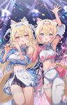  2girls :d absurdres animal_ear_fluff animal_ears arm_up armpits asymmetrical_clothes asymmetrical_legwear bandaid bandaid_hair_ornament black_skirt blonde_hair blue_eyes blue_nails blue_streaks blush breasts commentary_request confetti cropped_shirt crossed_bangs detached_sleeves dog_ears dog_girl dog_tail fingernails flat_chest fuwawa_abyssgard glowstick hair_ornament hair_ribbon hairclip heart heart_hands highres hololive hololive_english hololive_idol_uniform_(color_rise) large_breasts long_hair mococo_abyssgard multicolored_hair multiple_girls nail_polish navel neru5 official_alternate_costume overskirt pants parallel_hairclips penlight_(glowstick) pink_eyes pink_nails pink_streaks ribbon sharp_fingernails short_hair siblings single_detached_sleeve single_pantsleg single_sleeve sisters skirt smile stage_lights standing standing_on_one_leg stomach streaked_hair tail thigh_strap twins two_side_up virtual_youtuber white_pants white_ribbon white_skirt x_hair_ornament 