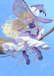  1girl 72mikan_1687 absurdres apron blonde_hair blue_sky blush boots bow braid broom broom_riding closed_mouth commentary_request day full_body hair_bow hat hat_bow high_heel_boots high_heels highres kirisame_marisa lace-up_boots long_hair looking_at_viewer outdoors purple_boots purple_bow purple_hat purple_nails purple_skirt purple_vest side_braid signature single_braid skirt sky smile solo touhou very_long_hair vest waist_apron watermark watermark_grid white_apron white_bow witch_hat yellow_eyes 
