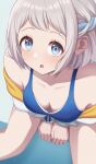  1girl absurdres aqua_hair between_legs bikini blue_bikini blush braid breasts cleavage collarbone commentary_request contamination_(contami0813) fingernails from_above gakuen_idolmaster grey_hair hand_between_own_legs highres idolmaster jacket katsuragi_lilja looking_at_viewer side_braid sitting solo swimsuit white_jacket 