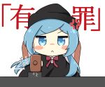 1girl black_dress black_hat blue_eyes blue_hair blush_stickers bow bowtie chibi chibi_only closed_mouth commentary_request crack dress frown gavel hat hatsune_miku hatsune_miku_(judgment) holding holding_gavel holding_mallet jitome judge long_hair looking_at_viewer low_twintails mallet nukotun red_bow red_bowtie ren'ai_saiban_(vocaloid) simple_background solo translated twintails upper_body v-shaped_eyebrows vocaloid white_background 