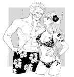  1boy 1girl abs bangle bikini bracelet breasts closed_mouth commentary cowboy_shot cropped_legs earrings erichiyo_op floral_print floral_print_bikini flower front-tie_bikini_top front-tie_top greyscale groin hair_flower hair_ornament halterneck hand_on_another's_cheek hand_on_another's_chin hand_on_another's_face hand_on_another's_waist hand_on_own_hip height_difference highres jewelry large_breasts light_blush long_hair looking_at_another male_swimwear monochrome nami_(one_piece) navel one_eye_closed one_piece parted_lips pearl_earrings pectorals print_bikini roronoa_zoro scar scar_across_eye scar_on_chest scar_on_face short_hair stomach sweatdrop swim_trunks swimsuit topless_male translation_request untranslatable_commentary wavy_hair 