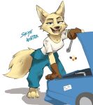 anthro arctic_fox canid canine car clothed clothing digital_media_(artwork) dirty dirty_clothing disney feet female fingers fox foxink fur gloves handwear hi_res holding_object holding_tool looking_at_viewer mammal mechanic open_mouth overalls shirt simple_background skye_(zootopia) smile solo tail teeth text toes tools topwear true_fox vehicle white_body white_fur zootopia