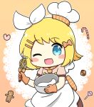  1girl :d ;d apron blonde_hair blush_stickers bow bowl brown_shirt candy candy_cane checkerboard_cookie chef_hat chibi chibi_only commentary_request cookie food gingerbread_man gloves hair_bow hair_ornament hair_ribbon hairclip hat holding holding_bowl holding_whisk kagamine_rin lollipop mixing_bowl nukotun one_eye_closed open_mouth orange_gloves outline parallel_hairclips ribbon shirt short_hair short_sleeves smile solo striped_bow sweet_magic_(vocaloid) upper_body vocaloid whisk white_apron white_hat white_outline white_ribbon 