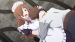  1boy 1girl ahoge anime_coloring apron belt between_breasts black_pants blush bow bowtie breast_smother breasts brooch brown_belt brown_eyes brown_hair dutch_angle embarrassed enmaided face_between_breasts face_to_breasts frilled_apron frills game_asset gem grey_shirt hair_over_one_eye hands_on_another's_head head_between_breasts high_collar highres jewelry kono_subarashii_sekai_ni_shukufuku_wo! kono_subarashii_sekai_ni_shukufuku_wo!_kono_yokubukai_game_ni_shinpan_o! large_breasts long_hair long_sleeves looking_at_another looking_down maid maid_apron maid_headdress official_art open_mouth pants puffy_short_sleeves puffy_sleeves purple_bow purple_bowtie purple_shirt purple_skirt ribbon-trimmed_sleeves ribbon_trim satou_kazuma shirt short_hair short_sleeves skirt standing stone_wall tunic upper_body variant_set wavy_hair white_apron white_tunic wiz_(konosuba) yellow_gem 