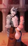 2022 abs absurd_res accessory animal_genitalia anthro balls biceps big_balls big_penis big_sheath bodily_fluids bottomwear clothed clothing cock_ring detailed_background erection foreskin fur genital_fluids genitals grey_body grey_fur hannibalazul hi_res huge_balls huge_penis humanoid_genitalia humanoid_penis hybrid_genitalia hybrid_penis hyper hyper_balls hyper_genitalia hyper_penis jewelry knot knotted_humanoid_penis knotted_penis looking_at_viewer male mammal muscular muscular_anthro muscular_male navel pants penis penis_accessory penis_jewelry pose precum presenting sheath shmallow smile solo topless uncut_with_sheath vein white_body white_fur