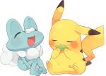  :d bad_id bad_pixiv_id bad_twitter_id blush closed_eyes froakie grey_eyes hideko_(l33l3b) holding holding_leaf hugging_own_legs laughing leaf no_humans open_mouth pikachu pokemon pokemon_(creature) pokemon_focus pokemon_mystery_dungeon pokemon_super_mystery_dungeon simple_background sitting smile white_background 