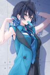  1girl absurdres arm_behind_head arms_up black_hair black_pants black_vest blue_eyes blue_hair blue_necktie blue_shirt blue_vest cleavage_cutout clothing_cutout collared_shirt colored_inner_hair commentary earrings food food_in_mouth hair_intakes highres hololive hololive_english jewelry looking_at_viewer medium_hair military_uniform mogu_(au1127) multicolored_hair necktie official_alternate_costume official_alternate_hairstyle ouro_kronii ouro_kronii_(4th_costume) pants popsicle popsicle_in_mouth shirt sleeveless sleeveless_shirt solo star_(symbol) star_earrings two-tone_hair two-tone_vest vest virtual_youtuber wolf_cut 