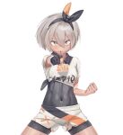  1girl bea_(pokemon) black_bodysuit black_hairband bodysuit bodysuit_under_clothes bow_hairband clenched_hands closed_mouth commentary covered_abs covered_navel cowboy_shot gloves grey_eyes grey_hair hair_between_eyes hairband highres huggytug legs_apart looking_at_viewer outstretched_arm pokemon pokemon_sword_and_shield print_shirt print_shorts shirt short_hair short_sleeves shorts simple_background single_glove smile solo tied_shirt white_background 