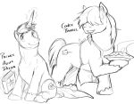 2026 apron black_and_white book character_name clothing cutie_mark duo equid equine feral food fur hair hasbro hi_res hooves horn horse levitating_object levitation magic_horn male mammal mane_over_eyes monochrome my_little_pony mythological_creature mythological_equine mythology pandottermon pastry pie pony simple_background sitting sketch smile steaming tail text unicorn unicorn_horn white_background