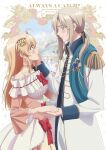 1boy 1girl anime_coloring aristocratic_clothes bikini black_vest blonde_hair blue_eyes blush brass_knuckles closed_mouth coat commentary_request cup dress epaulettes eye_contact flower flower_request frilled_dress frills fringe_trim from_side gown grey_hair hair_ornament hand_on_another's_cheek hand_on_another's_face height_difference hetero highres holding_hands layered_dress long_hair long_sleeves looking_at_another maria_annovazzi nigashita_sakana_wa_ookikatta_ga_tsuriageta_sakana_ga_ookisugita_ken off-shoulder_dress off_shoulder official_art open_clothes open_coat pants pink_dress purple_eyes renato_di_rubini side-tie_bikini_bottom smile swimsuit teacup two-tone_dress vest weapon white_coat white_pants yellow_dress 