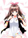  a.i._channel black_jacket bracelet brown_hair cowboy_shot double_v eyebrows_visible_through_hair floating_hair green_eyes hairband hanasaki highlights highres jacket jewelry kizuna_ai long_hair looking_at_viewer multicolored_hair nail_polish open_clothes open_jacket pink_hairband pink_nails shiny shiny_hair shirt short_shorts shorts smile solo standing v virtual_youtuber white_shirt white_shorts wrist_cuffs 