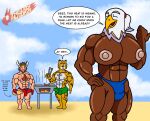 2026 abs accessory accipitrid accipitriform anthro avian beach beak beard big_bulge big_muscles big_nipples big_pecs bird blue_clothing blue_sky blue_thong blue_underwear brown_beard brown_body brown_body_hair brown_facial_hair brown_feathers brown_hair brown_pubes brown_spots bulge clothing clutch_(fifa) cross deer dialogue digital_media_(artwork) eagle english_text erect_nipples erection eye_contact eyes_closed facial_hair feathers felid fifa food fur gloves green_clothing green_headband green_swimming_trunks green_swimwear grill group hair hand_on_hip handwear headband hi_res hot_dog huge_pecs jaguar jewelry lazyken looking_at_another male mammal maple_(fifa) maple_syrup moobs moose muscular muscular_anthro muscular_male necklace new_world_deer nipples pale_skin pantherine pecs ponytail pubes red_clothing red_gloves red_hairband red_handwear red_thong red_underwear silver_(metal) silver_jewelry silver_necklace sky smile spanish_text speech_bubble spots surprised swimming_trunks swimwear text thong trio underwear watermark white_head yellow_beak yellow_body yellow_fur zayu_(fifa)