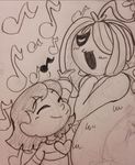  &lt;3 ambiguous_gender blush duo eyes_closed female fish hair hair_over_eye human mammal marine monochrome musical_note open_mouth pencil_(artwork) protagonist_(undertale) shyren singing smile terraterracotta traditional_media_(artwork) undertale video_games 