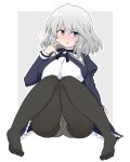  1girl arm_at_side assault_lily black_pantyhose black_ribbon blush border breasts commentary cropped_jacket finger_to_cheek flying_sweatdrops full_body grey_background grey_hair hair_between_eyes hand_up hata_matsuri highres jewelry juliet_sleeves knees_together_feet_apart knees_up large_breasts long_sleeves looking_at_viewer medium_hair neck_ribbon no_shoes nose_blush outside_border panties panties_under_pantyhose pantyhose parted_lips puffy_sleeves purple_eyes ribbon ring school_uniform sekiri_(sekiriri) shirt simple_background sitting solo sweatdrop underwear v-shaped_eyebrows variant_set white_border white_panties white_shirt yurigaoka_girls_academy_school_uniform 