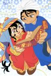  1boy 1girl absurdres animage artist_request black_hair braid dark-skinned_male dark_skin dress hat highres hijab holding iranian_clothes long_hair long_sleeves mongolian_clothes muhammad_(tenmaku_no_jaadugar) official_art red_dress sitara smile tenmaku_no_jaadugar third-party_source 