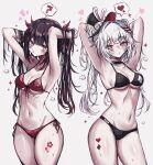  2girls ? armpits bikini black_bikini black_hair blush breasts commentary dual_persona english_commentary flower_tattoo heart heart_tattoo highres honkai:_star_rail honkai_(series) leg_tattoo long_hair looking_at_viewer medium_breasts multiple_girls navel purple_eyes red_bikini revision simple_background sparkle_(honkai:_star_rail) sparxie_(honkai:_star_rail) spoken_heart spoken_question_mark stomach swimsuit tattoo thighs twintails usa_(usagi_minku) very_long_hair white_hair 