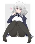  1girl arm_at_side assault_lily black_pantyhose black_ribbon blush border breasts closed_mouth commentary cropped_jacket finger_to_cheek full_body grey_background grey_hair hair_between_eyes hand_up hata_matsuri heart highres jewelry juliet_sleeves knees_together_feet_apart knees_up large_breasts long_sleeves looking_at_viewer medium_hair neck_ribbon no_shoes outside_border panties panties_under_pantyhose pantyhose puffy_sleeves purple_eyes ribbon ring school_uniform sekiri_(sekiriri) shirt simple_background sitting smile solo underwear variant_set white_border white_panties white_shirt yurigaoka_girls_academy_school_uniform 