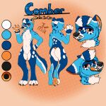 1:1 2026 3_toes absurd_res anthro blue_body blue_fur canid canine claws color_swatch english_text facial_markings featureless_chest feet full-length_portrait fur glistening glistening_eyes gloves_(marking) hair head_markings headshot_portrait hi_res inner_ear_fluff leg_markings licking licking_lips m1lkb4rk male mammal markings mask_(marking) model_sheet multicolored_body multicolored_fur orange_eyes orange_inner_ear orange_pawpads orange_tongue palette pattern_background pawpads paws portrait signature simple_background smile socks_(marking) spots spotted_body spotted_fur spotted_markings stated_gender stated_pronouns striped_ears striped_hair striped_markings striped_tail stripes tail tail_markings teeth text toes tongue tongue_out tuft whisker_spots white_body white_fur white_markings