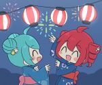  2girls :d ^_^ ahoge blue_hair blue_kimono blush_stickers chibi chibi_only closed_eyes commentary_request double-parted_bangs double_bun drill_hair festival hair_between_eyes hair_bun hatsune_miku japanese_clothes kasane_teto kimono lantern long_sleeves multiple_girls nukotun obi open_mouth pink_sash red_hair red_sash sash short_hair smile twin_drills upper_body utau vocaloid wide_sleeves yukata 