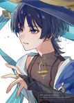  1boy armor bishounen black_bodysuit black_bridal_gauntlets black_hair blue_cape blue_hat blue_jingasa blue_kimono blunt_ends bodysuit bridal_gauntlets bright_pupils cape commentary_request eyeliner genshin_impact gold gold_ring hand_up hat highres japanese_armor japanese_clothes jingasa juban kimono kote kurokote looking_to_the_side makeup male_focus mandarin_collar middle_ring open_clothes open_hand open_kimono open_mouth portrait purple_eyes red_eyeliner ringed_eyes scaramouche_(genshin_impact) shoulder_peek side_cape skg_g solo tsurime twitter_username wanderer_(genshin_impact) watermark white_background white_kimono white_mouth white_pupils wispy_bangs 