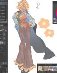  1girl art_program_in_frame bell-bottoms blonde_hair breasts brown_hair cape clip_studio_paint_(medium) closed_eyes collared_shirt commentary deltarune english_commentary flower flowery_(deltarune) genderswap genderswap_(mtf) green_vest holding holding_unworn_cape holding_unworn_clothes long_sleeves medium_hair multicolored_hair orange_vest pants shirt solo two-tone_hair two-tone_vest unworn_cape utdr_(toby_fox) venus_symbol vest vira_(faust_toucher) white_shirt yellow_flower 