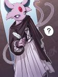 2_tails ambiguous_gender anthro anthrofied biped bottomwear clothing eeveelution espeon fingers fur generation_2_pokemon hi_res holding_object looking_at_viewer loose_feather mammal mimideu64931 multi_tail nintendo pink_body pink_fur pokemon pokemon_(species) question_mark quill skirt solo speech_bubble tail topwear